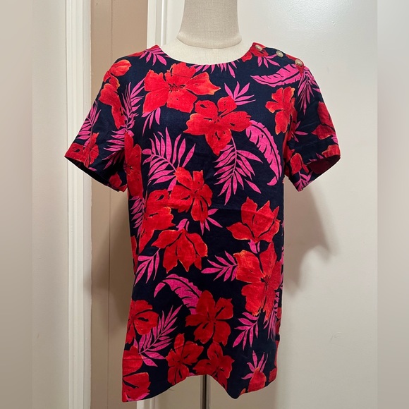 Lands End Hawaiian Shirt Blouse Size M Linen Multicolor Floral Short Sleeve. - Picture 1 of 8